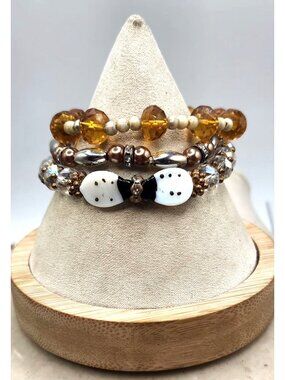 Beaded Bracelet Set With Amber Pearl & Dalmatian Accents Elastic Stretch